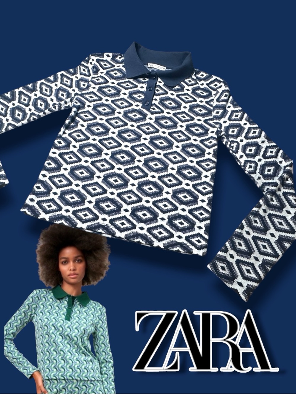 EUC ZARA Geo Print Jacquard Long Sleeve Polo Shirt in Navy and White. Size Small